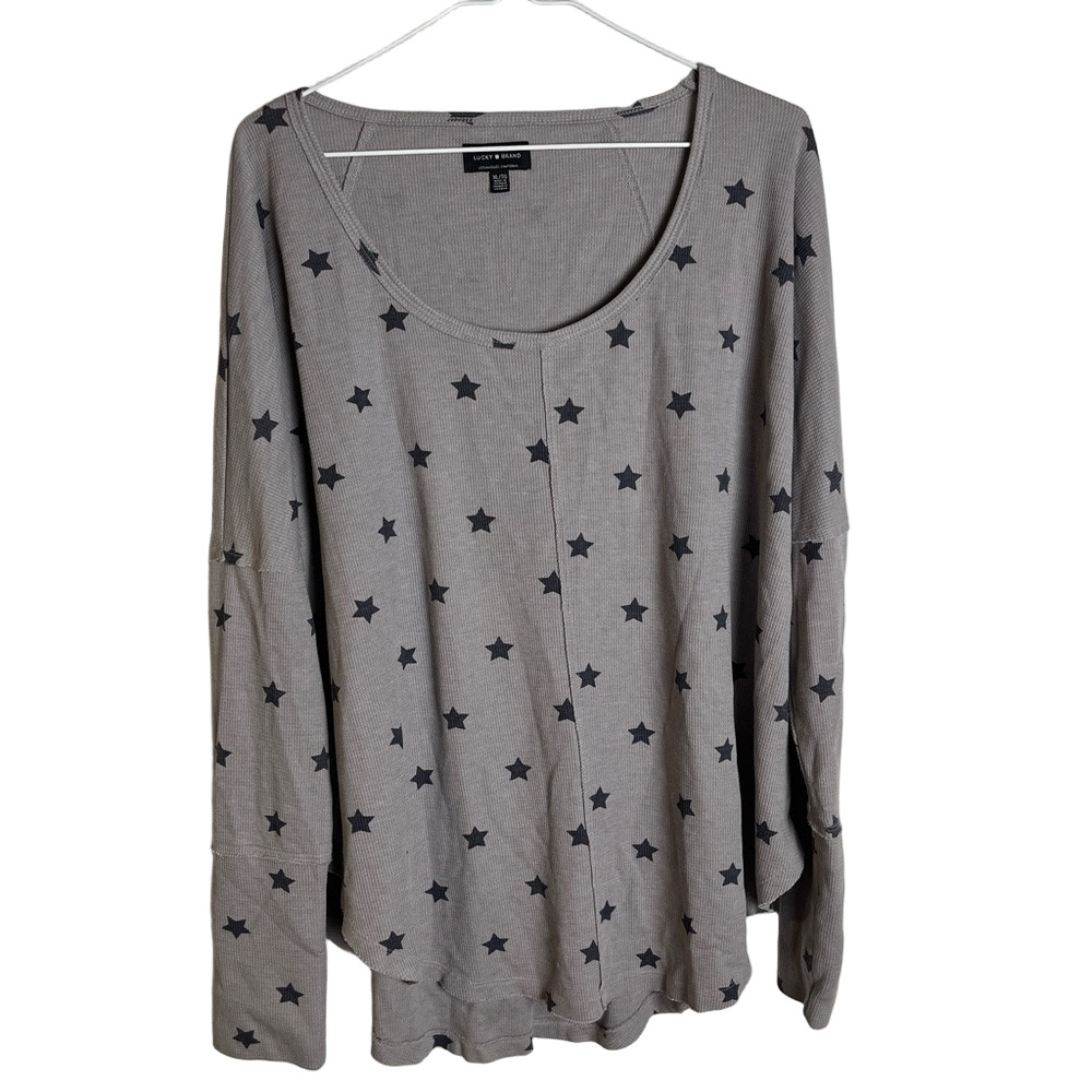 Lucky Brand Gray Star Print Oversized Long Sleeve Tee Shirt XL Celestial Cotton